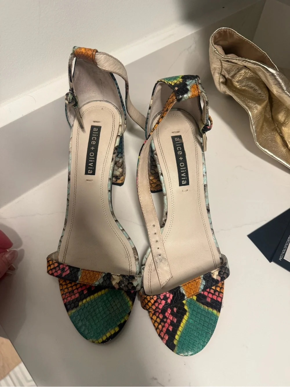 Alice + Olivia Multicolor Snakeskin Ankle-Strap Block Heel Sandals
